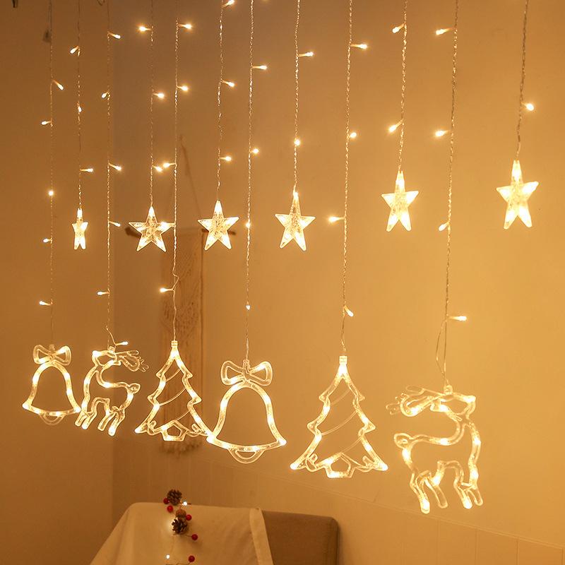 クリスマス イルミネーション LED カーテン ライト サンタクロース 雪だるま トナカイ ベル 装飾 8パターン 点灯 暖白 マルチカラー