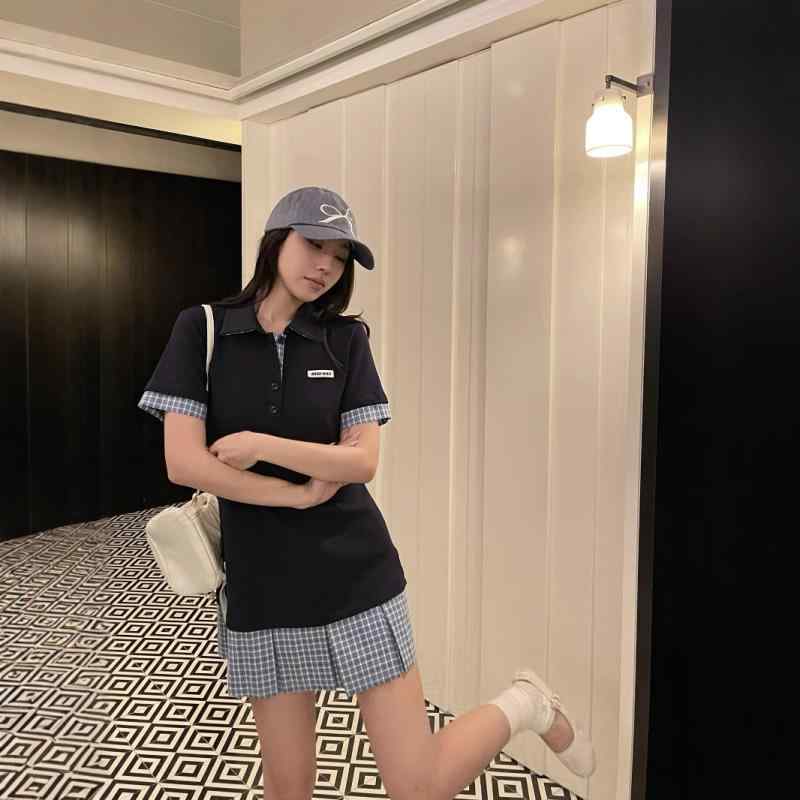 ワンピース レディース 春夏 格子柄 切り替え 少女風 半袖 膝丈 普段使い かわいい POLO襟 コットン グ..