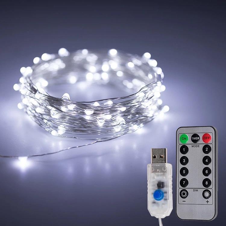 LEDイルミネーションライト USB給電式 リモコン付き 銅線 ストリングライト 屋外 星型 暖白色 ブルー レッド ピンク パープル