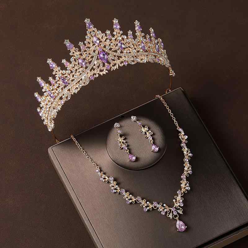 ヘアアクセサリー レディース ブライダル 3点セット 王冠 ティアラ ネックレス イヤリング 結婚式 ウェディング パーティー コスプレ シャンパンカラー レトロ パープル ジルコニア 合金 バロック調 髪飾り 記念日 イベント