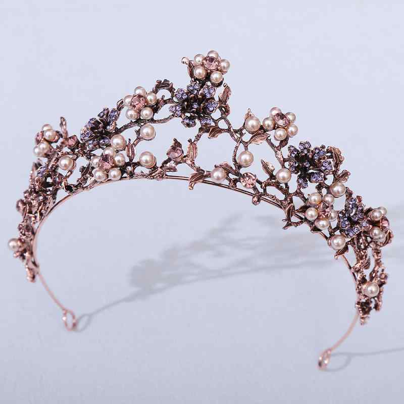 ヘアアクセサリー レディース ブライダル ティアラ クラウン バロック調 花柄 リーフ ジルコニア パール ウエディングドレス 髪飾り 古代風 ゴージャス 結婚式 パーティー コスプレ 古美金 紫(x2)