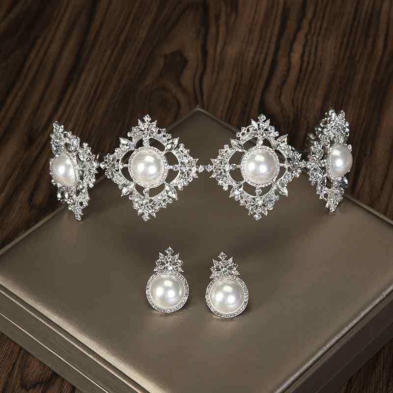 ウェディング ヘッドドレス レディース パール ヘアバンド イヤリング 2点セット 花嫁 ティアラ ヘアアクセサリー 結婚式 パーティー 電気メッキ加工(x3)