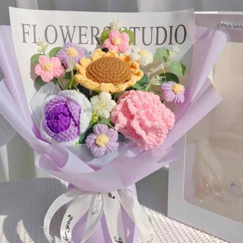 ドライフラワー 手編み 花束 毛糸 バラ 薔薇 チュ-リップ 母の日 誕生日 紫色 ピンク系 シャンパン色 ..