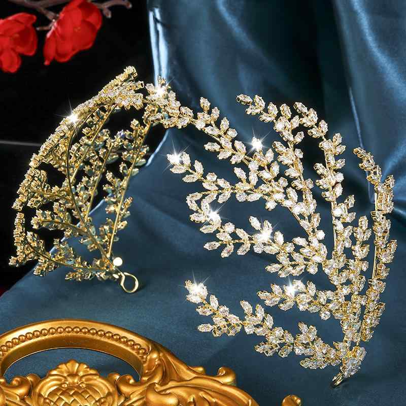 髪飾り レディース ブライダル ヘアアクセサリー ティアラ AAAジルコニア ウェディング パーティー 髪留め シルバー ゴールド KCゴールド リーフ(x2)