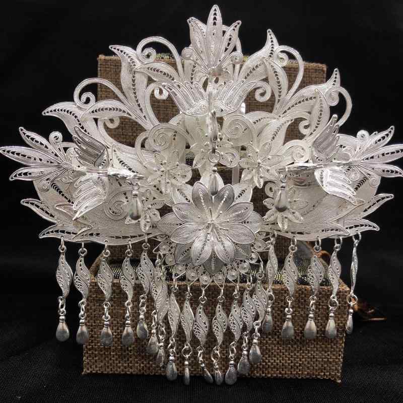 ヘアアクセサリー レディース 髪飾り かんざし 銀製 金メッキ クラウン レトロ 結婚式 ウェディング パーティー ショー 鳳凰 タッセル付き