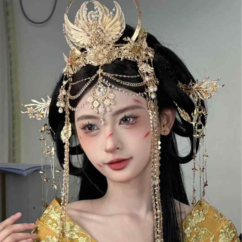 髪飾り レディース ヘアアクセサリー 花柄 水晶 ラインストーン 合金 タッセル レトロ 多層 エキゾチック ウェディング ブライダル ティアラ 重厚感 ゴージャス ゴールド(x2)