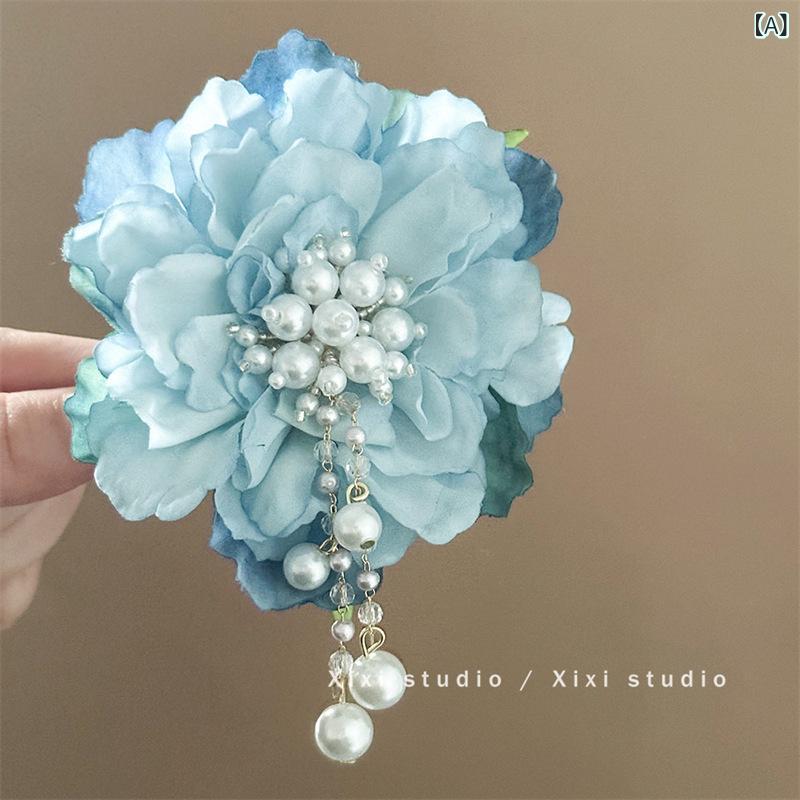 ヘアピン レディース ブルー 芍薬 パール タッセル 立体 花 ヘアアクセサリー 新中国風 サイドヘア 髪..