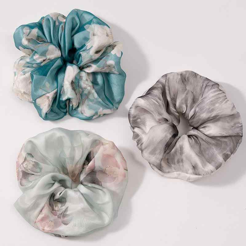 ヘアアクセサリー レディース シュシュ シルク 桑絹 水墨画 国風 エレガント ヘアゴム 高弾力 グレー 油絵 モネ 花柄 蓮