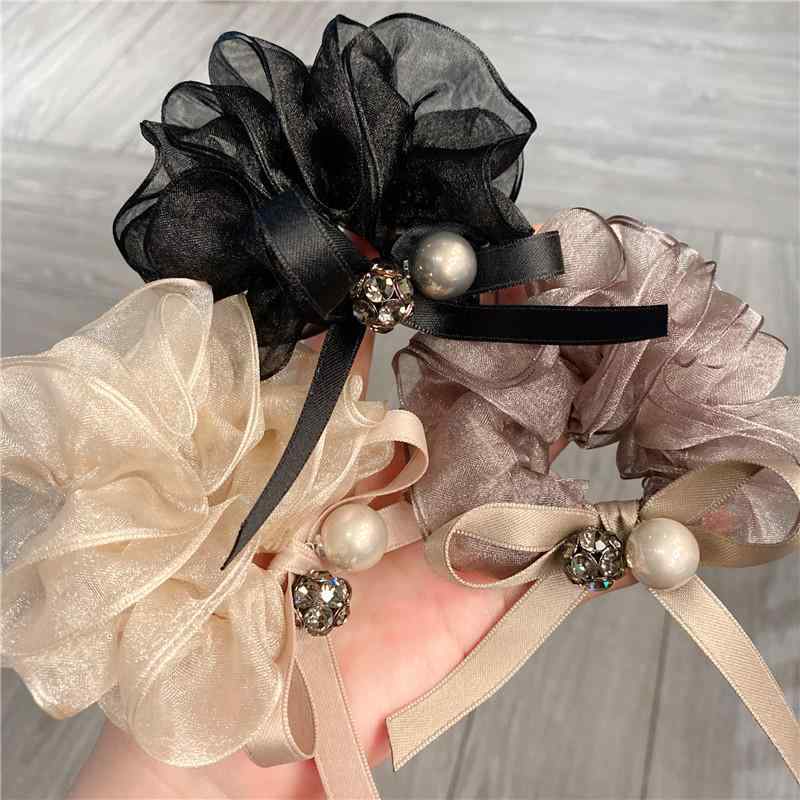 ヘアゴム レディース 高弾力 蝶結び ヘアアクセサリー シュシュ 髪飾り 黒 ブラック ベージュ系 上品 エレガント デート お出かけ