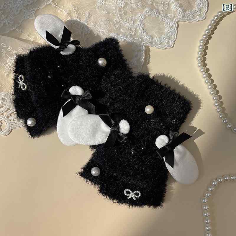 手袋 キッズ 子供 学生 作業 防寒 手袋 ミトン 羊毛風 ウサギ フェイクファー 無地 かわいい 秋冬(x5) 3