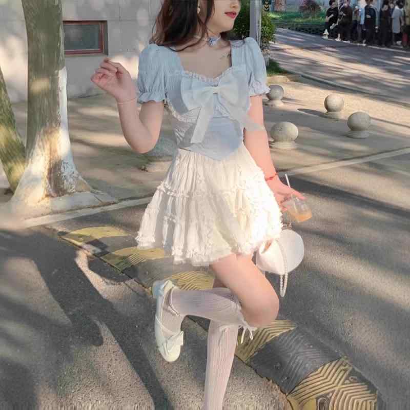 セットアップ レディース トップス ケーキスカート Aラインスカート 膝丈スカート 半袖ブラウス プリン..