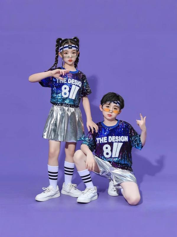 ダンス衣装 キッズ ヒップホップ ジャズダンス スパンコール チアダンス 舞台演出服 男の子 女の子 子..
