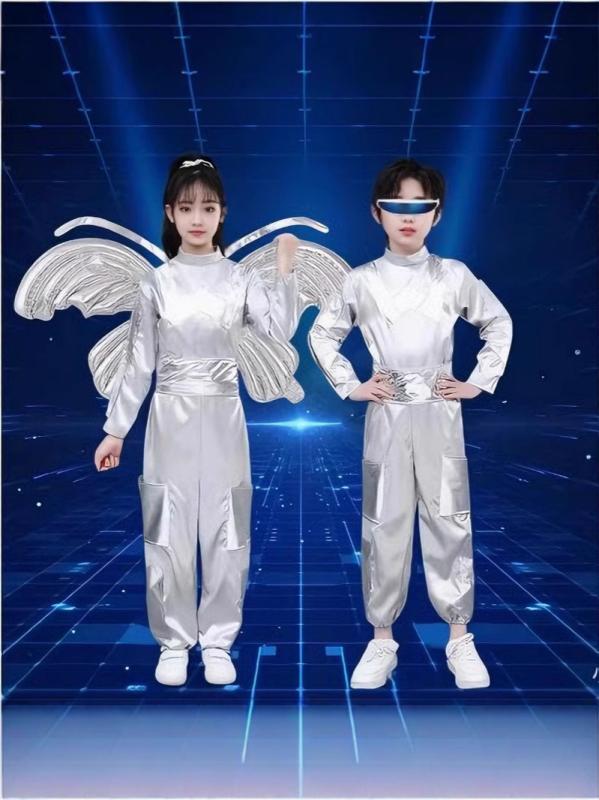 ダンス衣装 子供用 宇宙飛行士 ダンスウェア 舞台衣装 小学校 運動会 ポリエステル 銀色 シルバー 上下..