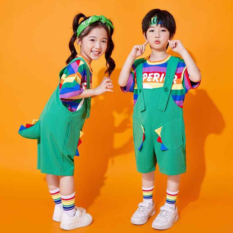 子供用 舞台衣装 ダンス衣装 かわいい恐竜柄 オーバーオール 小学生 団体 動物 コスチューム 春夏 Tシ..
