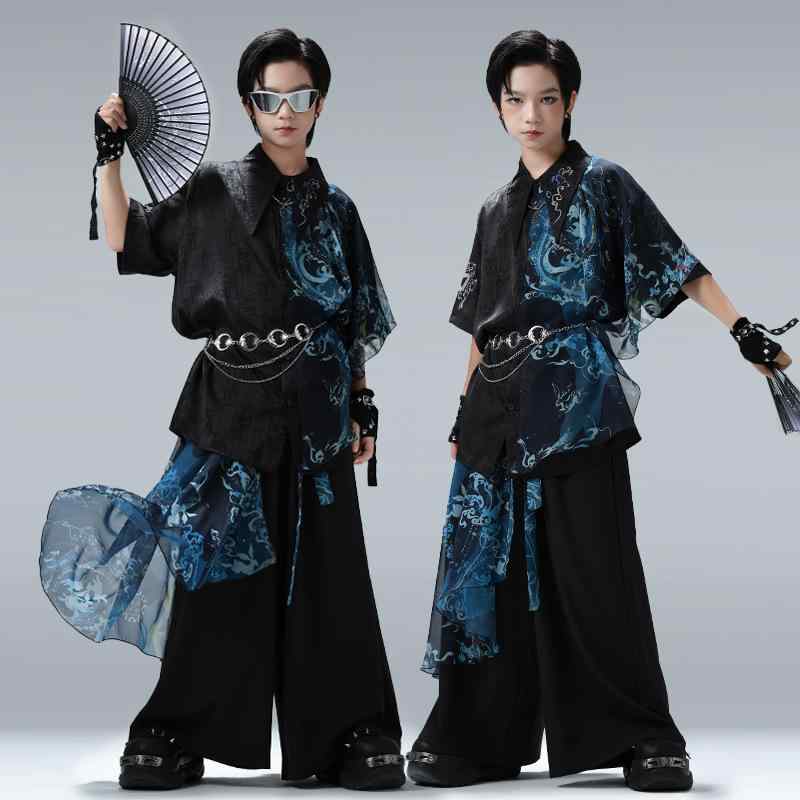 ダンス衣装 子供用 ヒップホップ セットアップ 中国風 トップス パンツ 腰巻 腰チェーン 手袋 眼鏡 ネ..