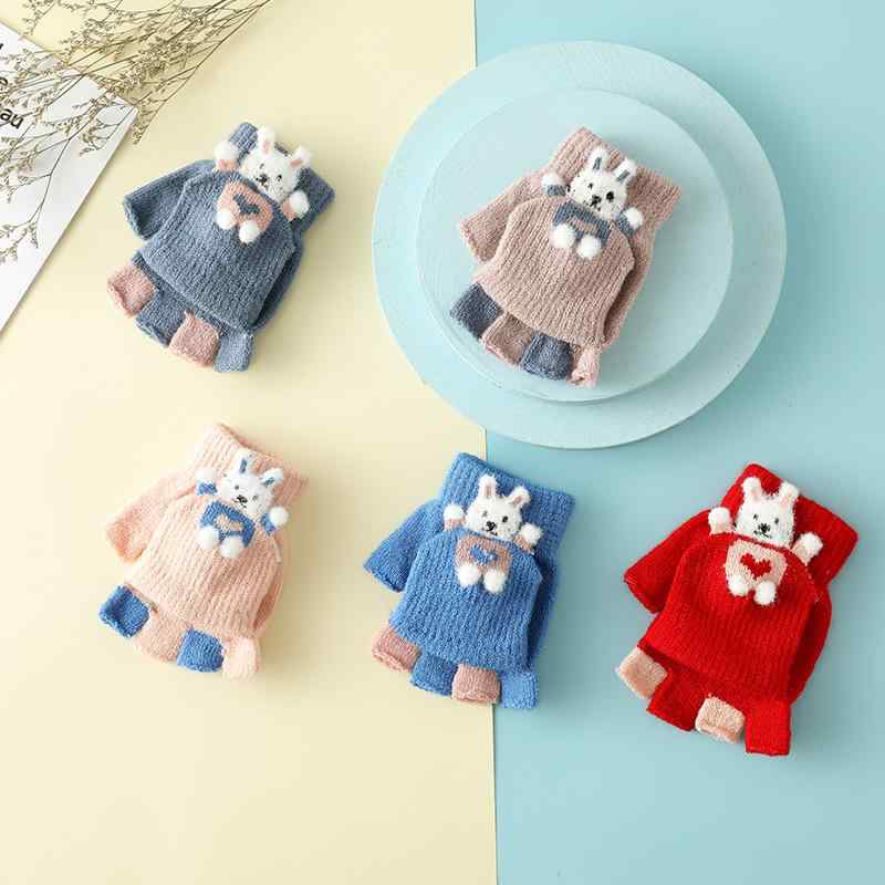 手袋 キッズ 子供用 冬用 防風 グローブ 半指 ミトンカバー付き カートゥーン ぬいぐるみ 暖かい ニッ..