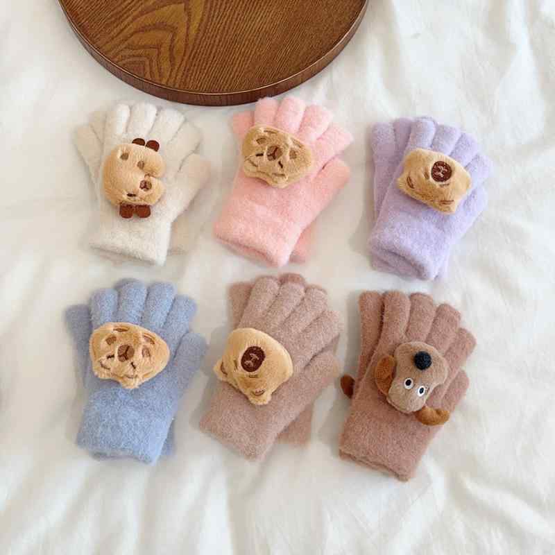 手袋 キッズ 防寒手袋 3歳 8歳 土竜 あったか グローブ ニット カートゥーン ブラウン キャメル ピンク..