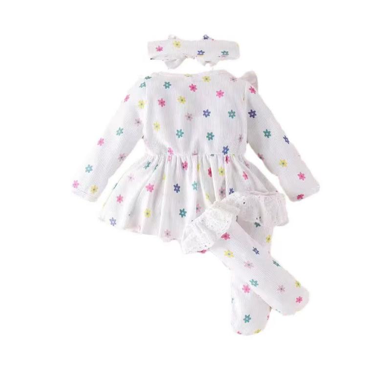 子供服 ロンパース 長袖 蝶結び ヘアバンド付き 靴下付き パンツセット 綿 春夏 秋 幼児 女の子 かわい..