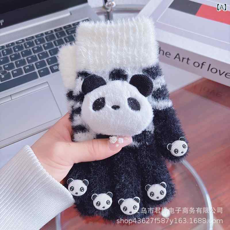 手袋 レディース 冬用手袋 かわいい カートゥーン パンダ 五本指 学生 自転車 バイク 暖かい 防寒 ブラ..