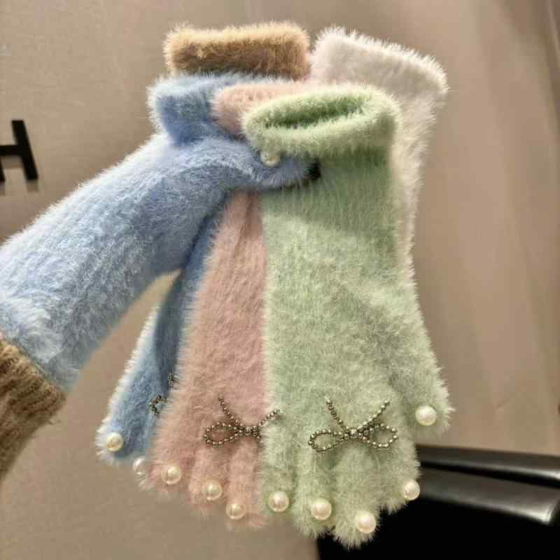 手袋 レディース 秋冬 スマートフォン対応 パール リボン かわいい 厚手 保温性 ニット 防寒 グローブ ..