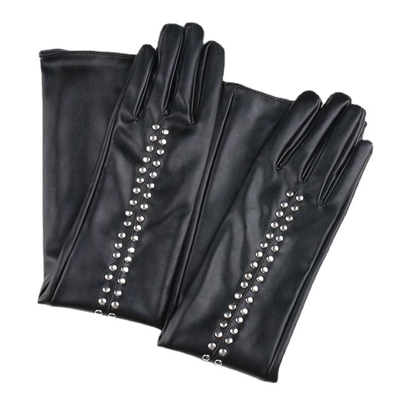 手袋 レディース 春 秋 欧米風 パンク ブラック セクシー ロング PUレザー 手袋 スタッズ(x3)