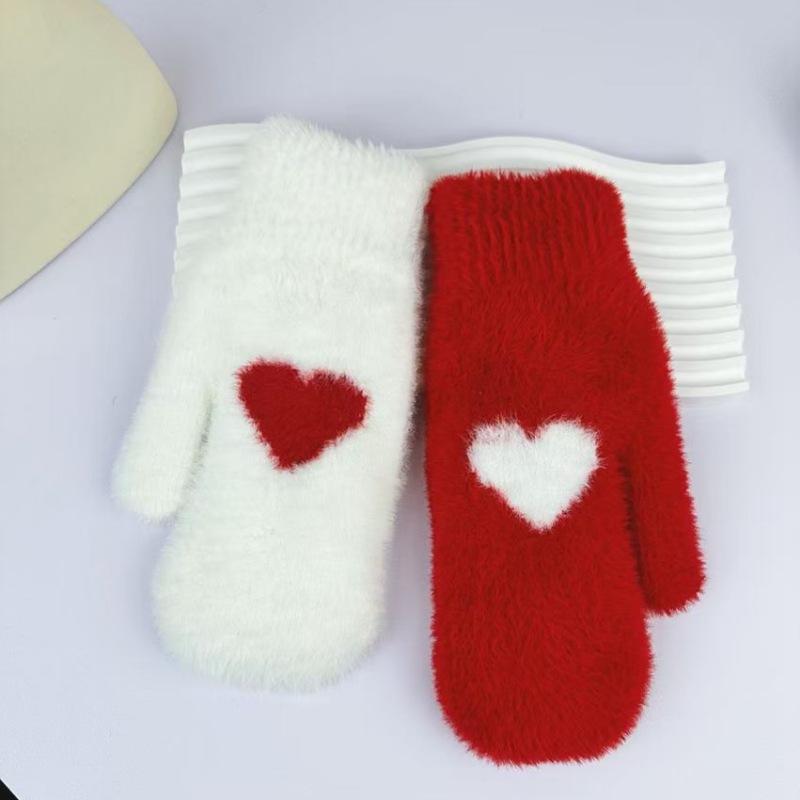 2個セット・機能: 保温・スタイル: ミトン手袋・カラー: レッド, ホワイト・素材: フェイクミンク・加工: ジャカード・カテゴリ: 保温手袋