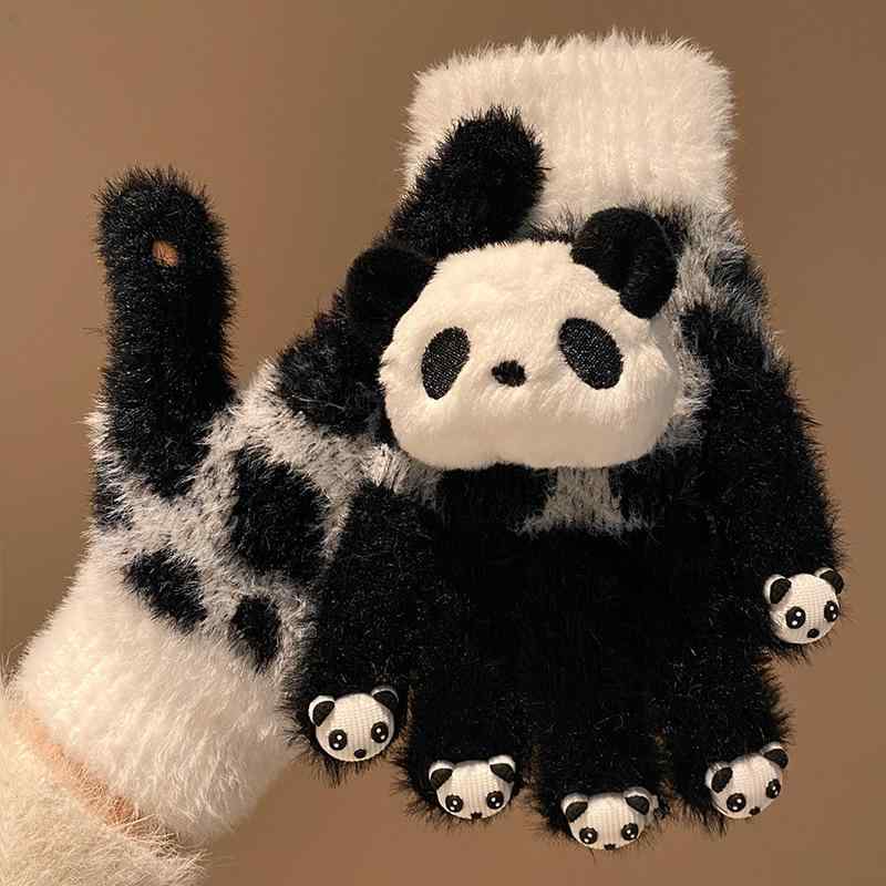 手袋 レディース 冬用 ニット手袋 スマートフォン対応 防寒 厚手 かわいい 小熊猫 動物柄 学生 自転車 ..
