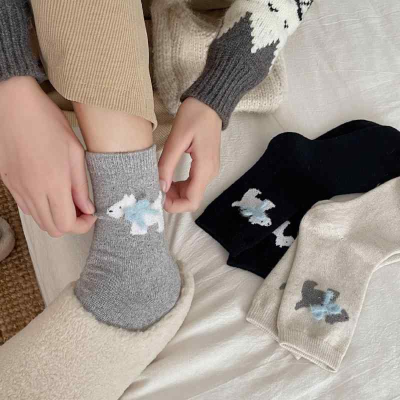 靴下 レディース 秋冬 グレー ブルー 韓国風 かわいい 小紅書 保温 厚手 ウール混 中筒ソックス 婦人靴..