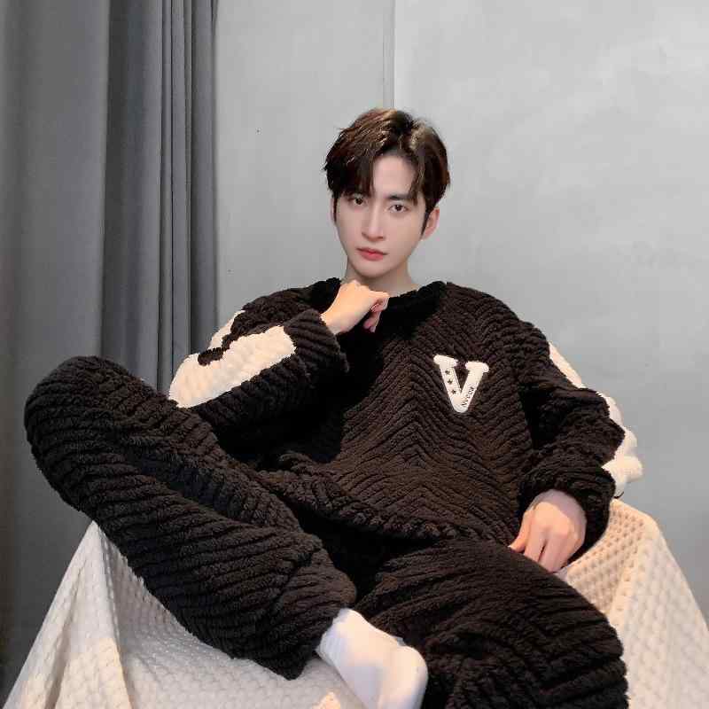 パジャマ メンズ 男性用 秋冬 珊瑚フリース 厚手 丸首 かぶり あったか 部屋着 上下セット ポリエステル ふんわり 暖かい リラックス ゆったり 休息(x2)