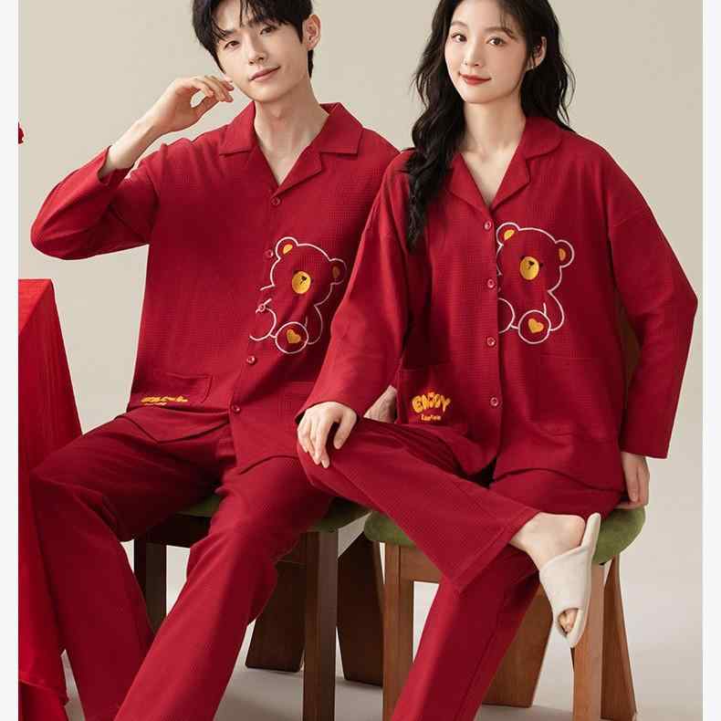 パジャマ レディース メンズ 春秋 開襟 コットン 混紡 長袖 長ズボン 上下 セットアップ 夫婦 ペア 結婚祝い 寝間着 部屋着 ルームウェア シンプル リラックス 保温性 通気性