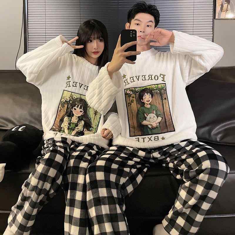 パジャマ レディース メンズ 冬用 厚手 フランネル 上下セット あったか 暖かい かわいい ルームウェア 寝巻き 部屋着 丸首 長袖 長ズボン ゆったり 夫婦 ペアルック