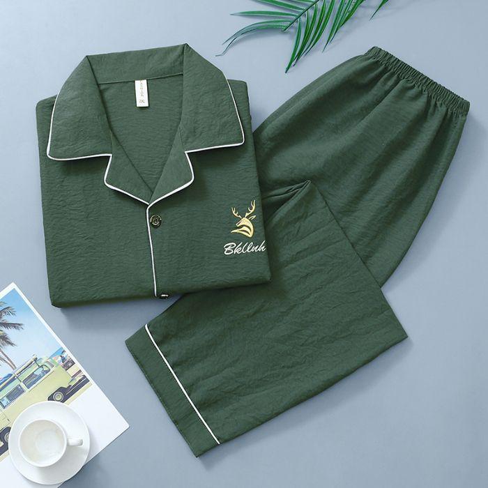 パジャマ メンズ 長袖 雲朵綿 ポリエステル 開襟 大きいサイズ リラックス ホームウェア 上下セット 春秋 薄手 部屋着 寝間着 軍緑 深青 天蘭 中灰蘭 深灰 灰緑 藍灰 浅灰