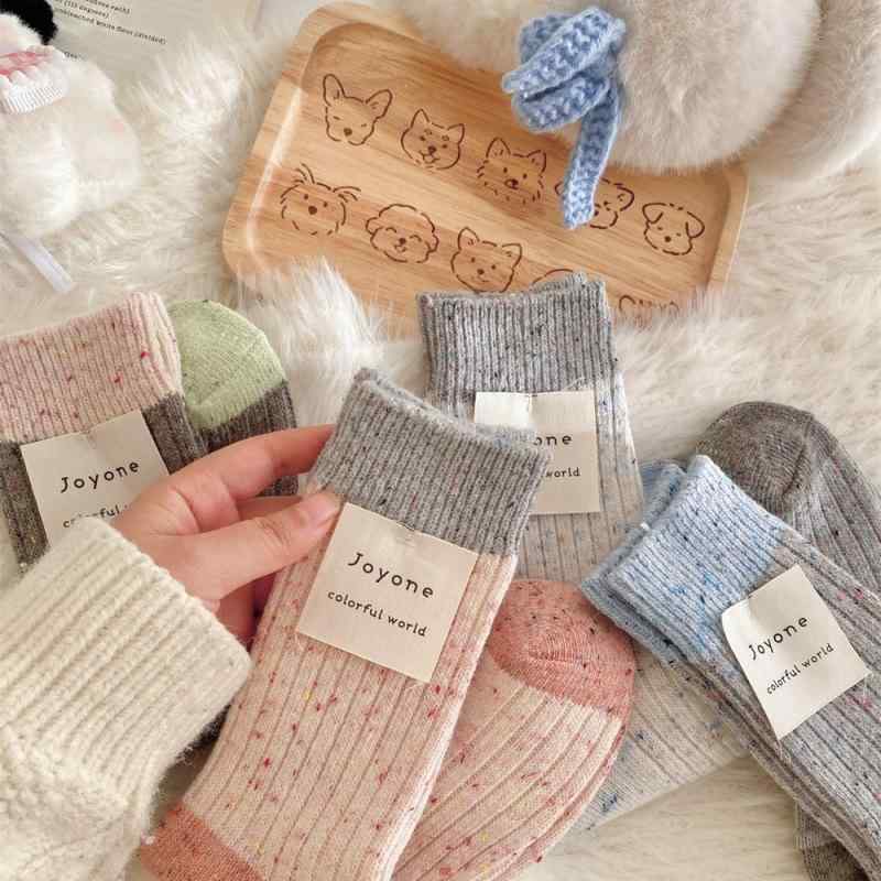 靴下 レディース 中筒ソックス 秋冬 厚手 防寒 バイカラー ウール混 リブ スクールソックス 韓国風 配..