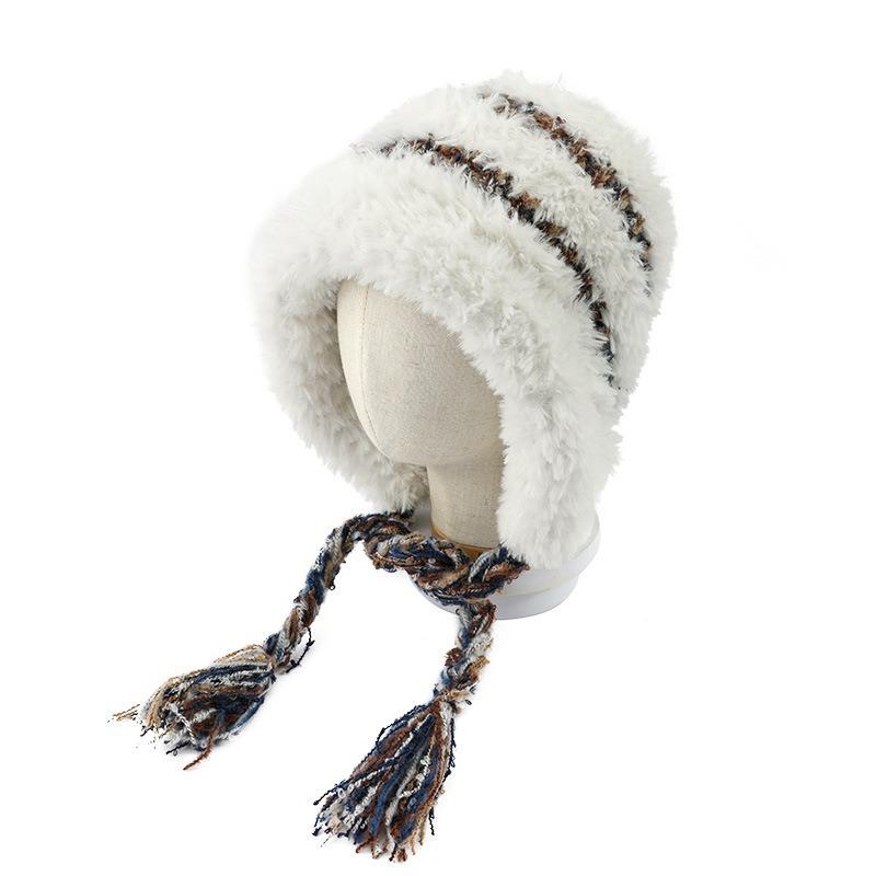 帽子 秋冬 防寒 ニット帽 耳当て付き 手編み フリンジ 混色 ウール ビーニー レトロ あったか グレージ..