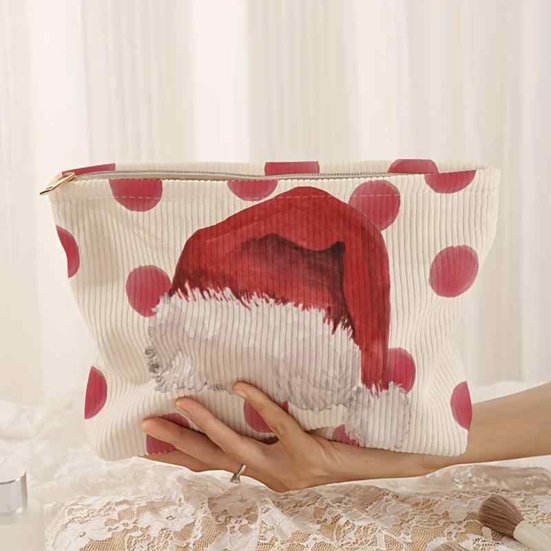 クリスマス サンタ 帽子 コーデュロイ ファスナー 収納袋 軽量 化粧ポーチ メイクアップ バッグ 洗面用..