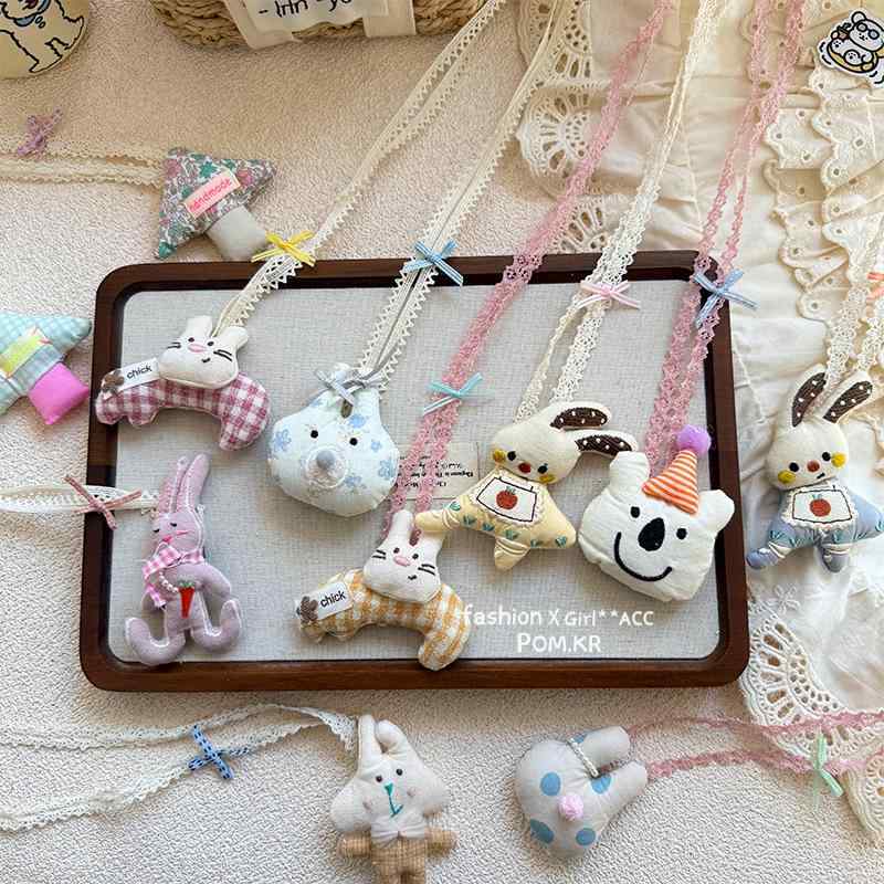 ネックレス 子供用 かわいい ウサギ ペンダント 手作り 布製 動物 アニマル 格子柄 ドット柄 クマ ベア..