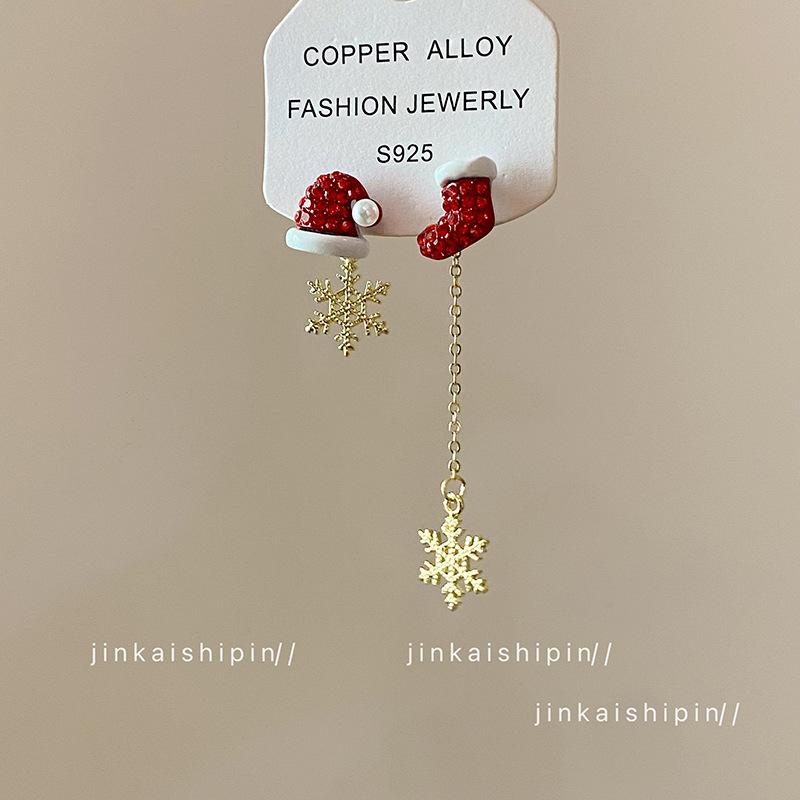 イヤリング レディース クリスマス 雪の結晶 アシンメトリー ファッション 電気メッキ加工 合金 雑貨(x3)