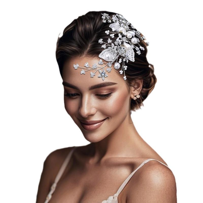 ヘアアクセサリー レディース ウェディング 髪飾り フラワー リーフ パール ビジュー シルバー 手作り 結婚式 ブライダル 二次会 パーティー イベント 花嫁...
