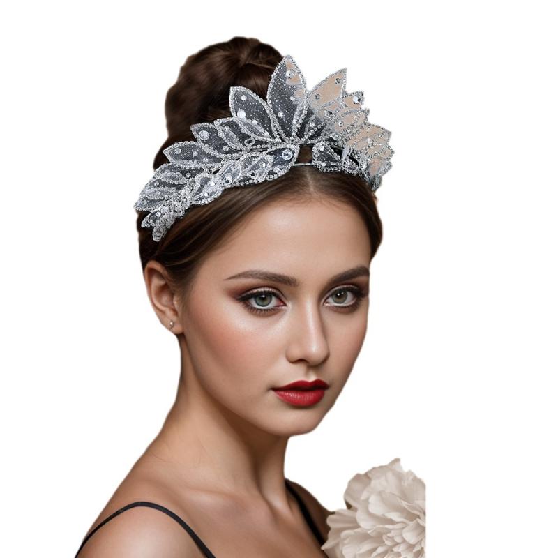 ヘアアクセサリー レディース ウェディング 髪飾り ヘッドドレス ヘアバンド 銀色 水晶 ビジュー 多連 ..