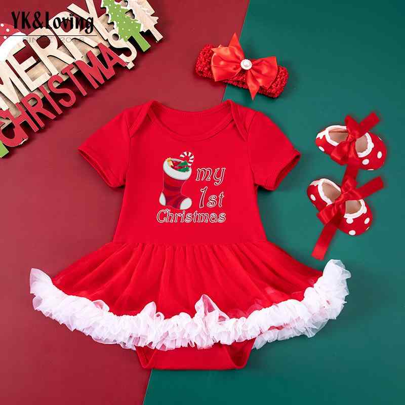 ベビー クリスマス パーティー ドレス &amp; シューズ ヘアアクセサリー 3点セット 新生児 女の子 半袖..