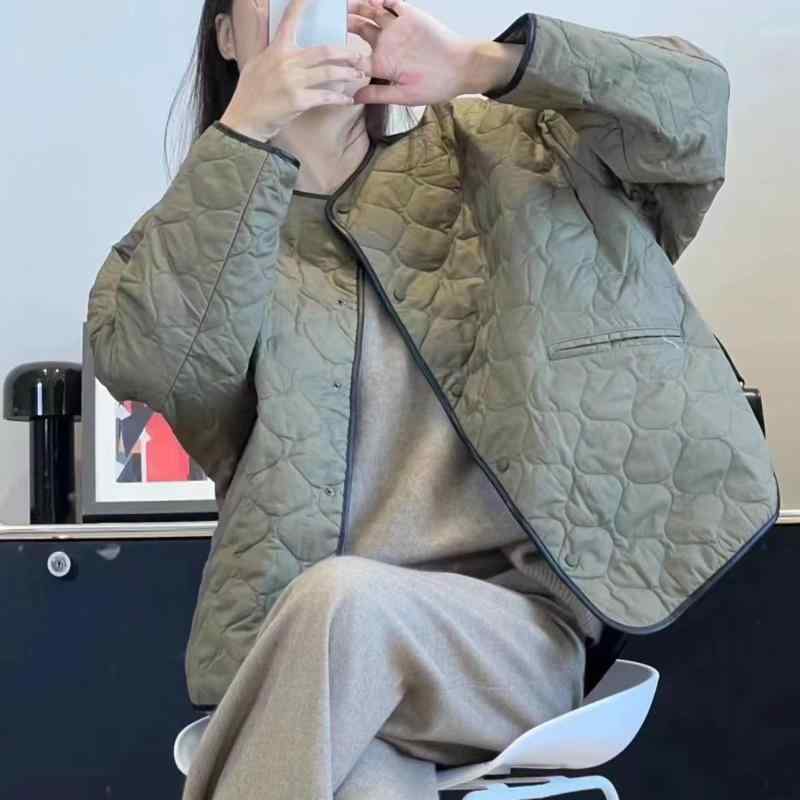 綿入りジャケット レディース 北欧風 格子柄 ゆったり 厚手 オリーブグリーン XS S M 通勤(x2)