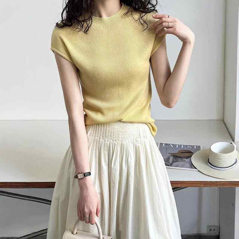 ニット レディース トップス 春夏 ショート丈 半袖 プルオーバー 薄手 無地 カットソー ラウンドネック..