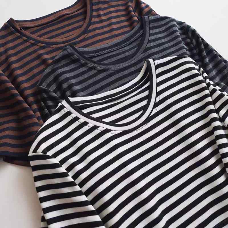 Tシャツ レディース 北欧風 ストライプ柄 再生繊維 オーストラリア産メリノウール混紡 ラウンドネック ..