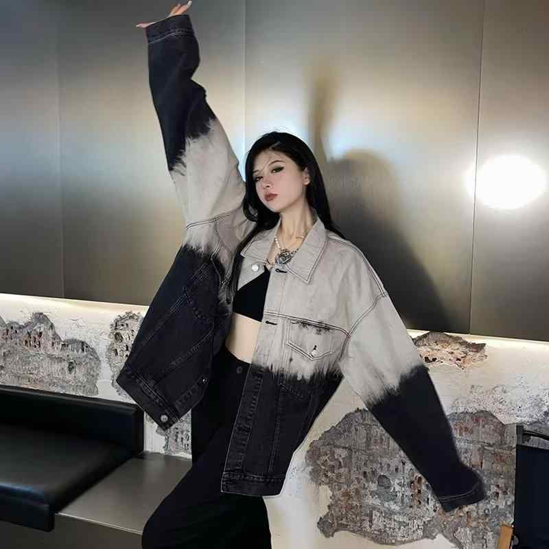 デニムジャケット レディース 春秋 韓国 原宿 ストリート ダメージ加工 ゆったり アウター 羽織り 黒 ブラック(4)