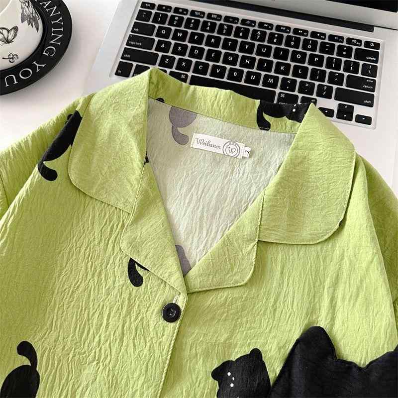 パジャマ レディース ルームウェア 上下セット 半袖 綿 抹茶 猫柄 雲柄 薄手 かわいい 部屋着 リラック..