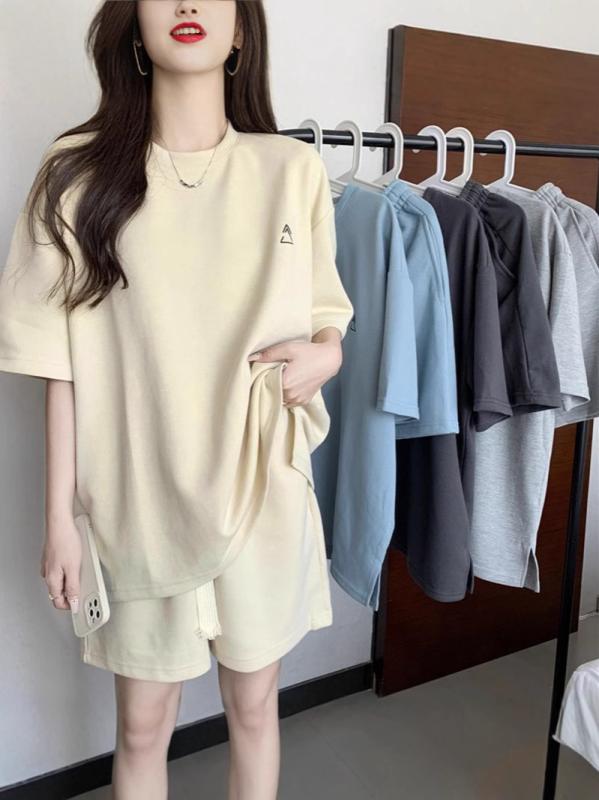 セットアップ レディース 大きいサイズ 幾何学模様 刺繡 ポケット付き ポリエステル 5分丈パンツ 杏色 ..