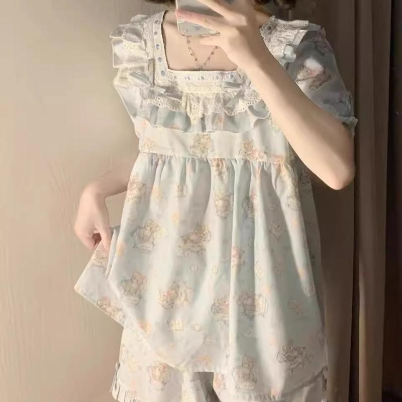 パジャマ レディース かわいい 娃娃领 荷叶边 ブルー 小熊 半袖 セットアップ ルームウェア ポリエステル 部屋着