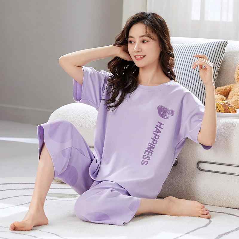 パジャマ レディース 春夏 半袖 7分丈パンツ 上下セット 綿 かわいい ルームウェア 部屋着 リラックス ..