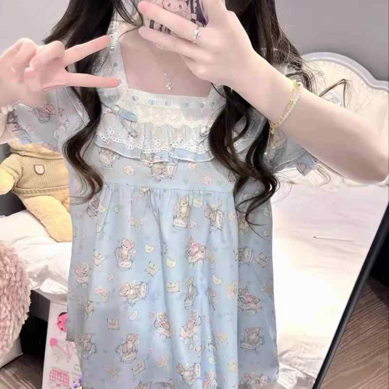 楽天トミーショップ 楽天市場店パジャマ レディース かわいい 少女 半袖 長ズボン 上下セット 部屋着 ルームウェア ポリエステル 娃娃襟 ブルー 襟フリル 薄手 夏 涼しい ガーリー