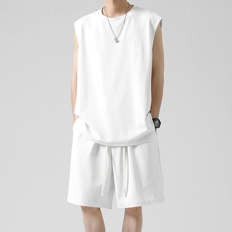 セットアップ メンズ 男性用 夏服 上下セット ハーフパンツ 短パン ノースリーブ タンクトップ 綿混紡 接触冷感 薄手 部屋着 普段使い ブラック ホワイト